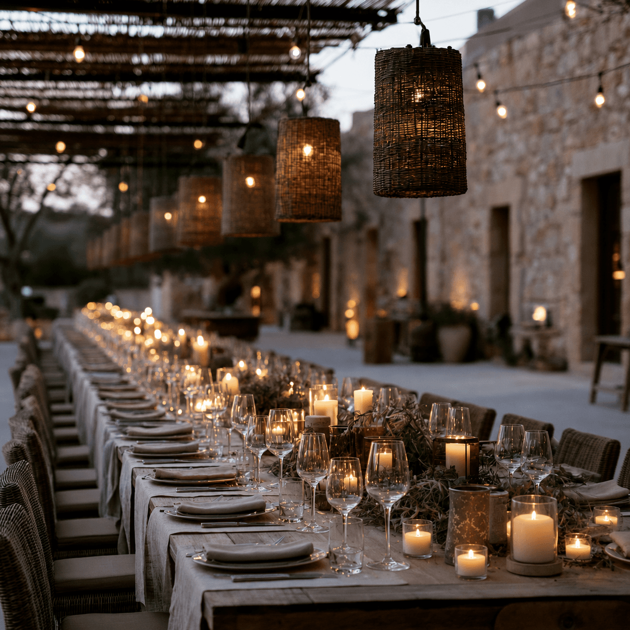 Corporate retreat dinner — long table set outdoors at dusk