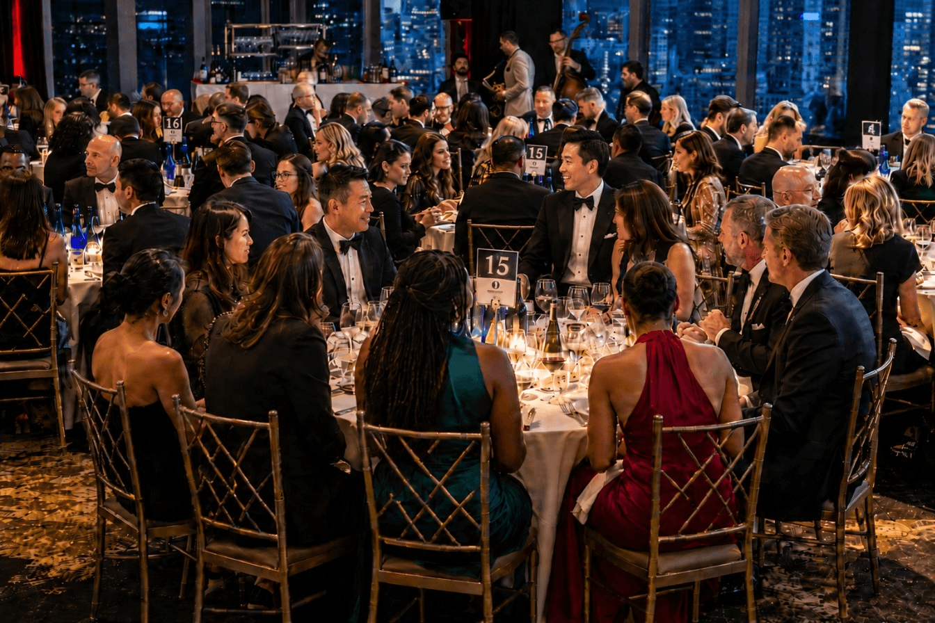 Grand resort ballroom set for a corporate dinner — round tables, candlelight, architectural uplighting